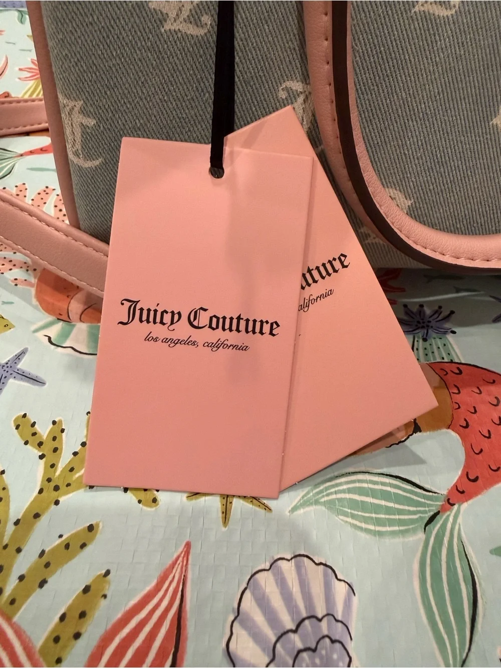 Juicy Couture Denim Purse w Long Strap & White Gothic Lettering w Pink Details